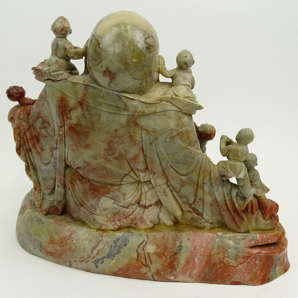Impressive Carved Soapstone 
"Buddha With Children" Affixed to matching base