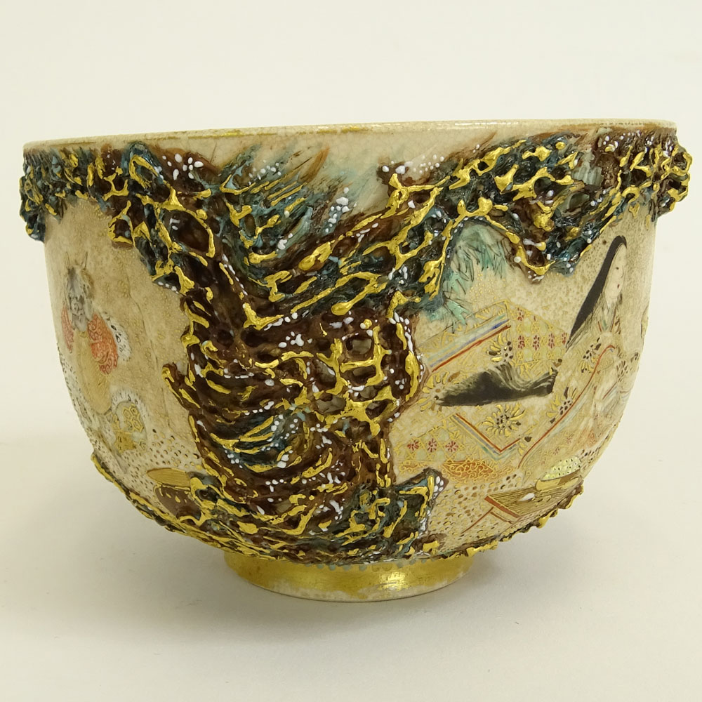 Extremely Fine Japanese Meiji Satsuma Bowl. Raised bas relief and immortal figural motif.