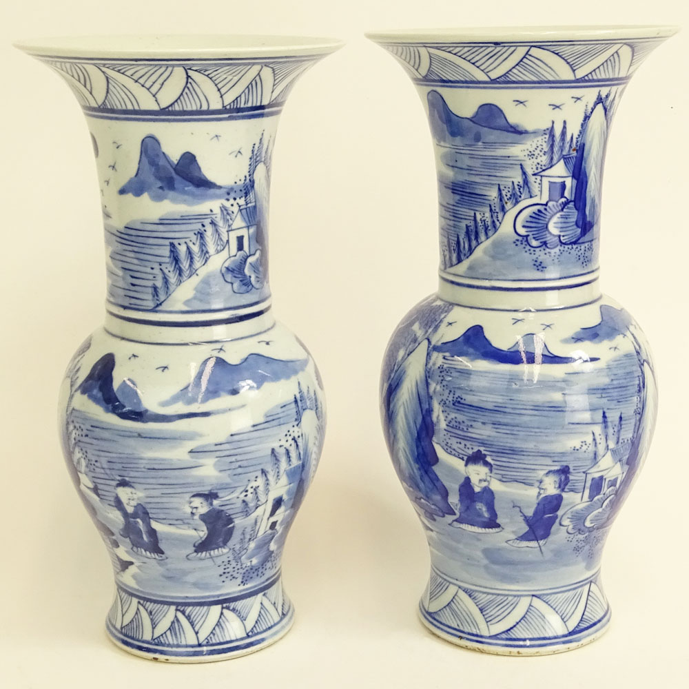 Pair Antique Chinese Blue & White Porcelain Baluster Vases.