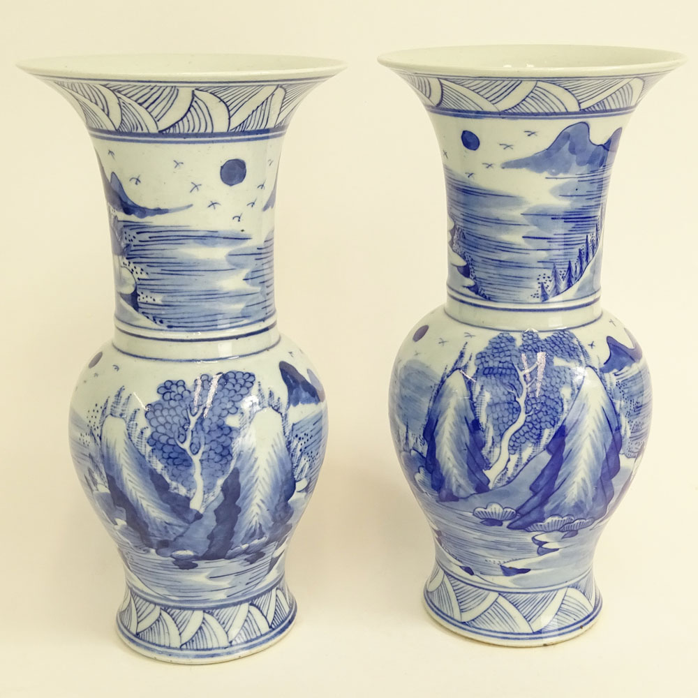 Pair Antique Chinese Blue & White Porcelain Baluster Vases.