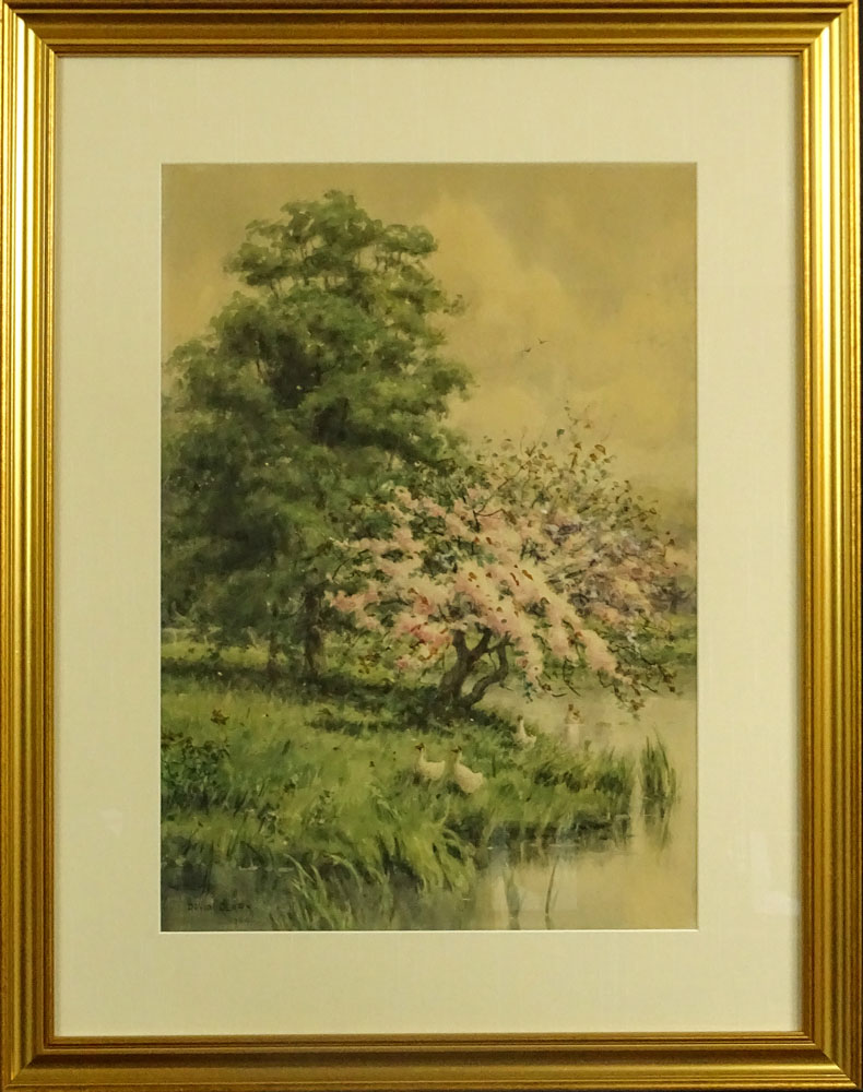 David Clark, American (19/20th C) Watercolor on paper. "Spring Landscape With Ducks"
