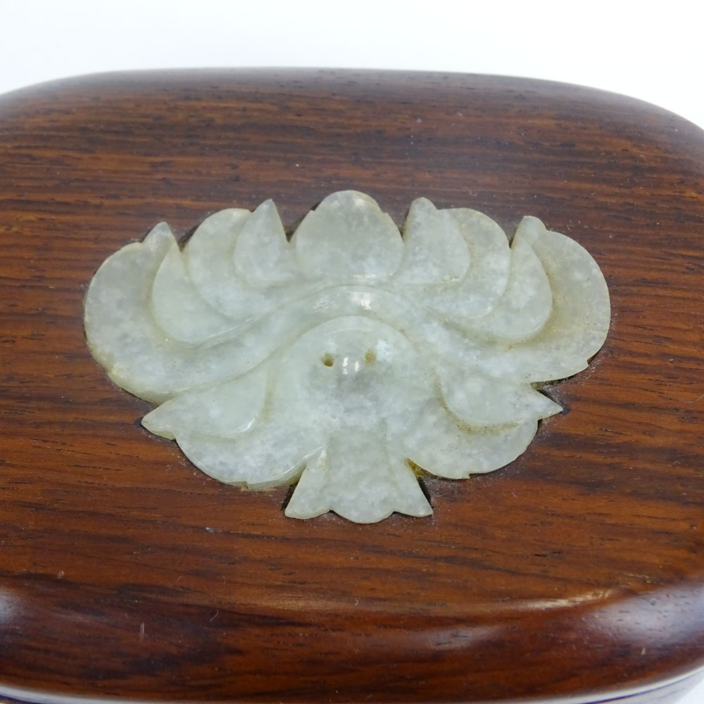 Antique Chinese Carved Translucent White Jade Button Affixed to a Later Rosewood Box.