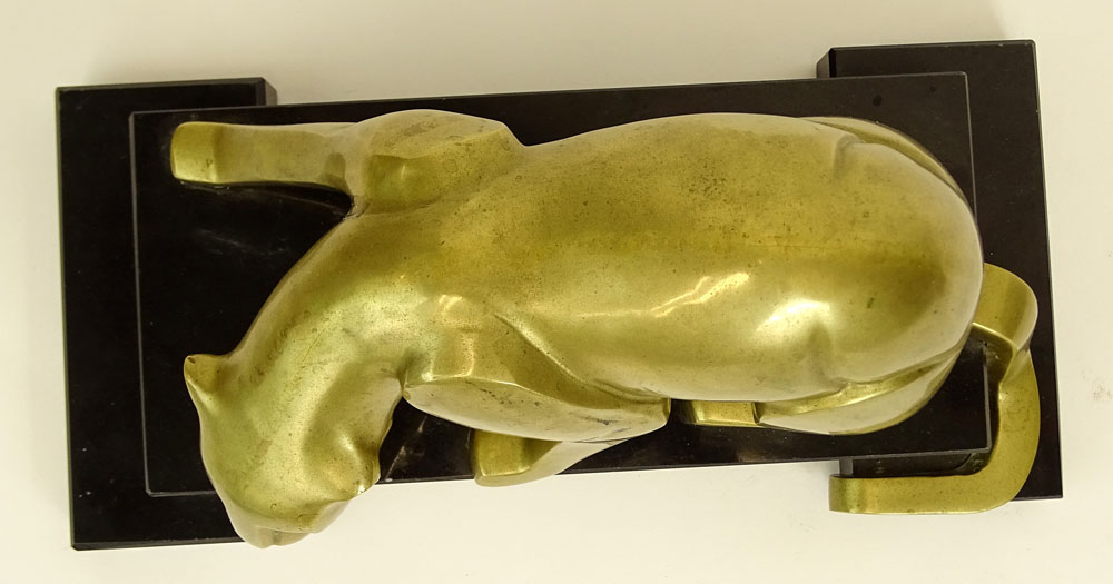 Art Deco Style Bronze Panther Mounted On Stepped Marble Base.
