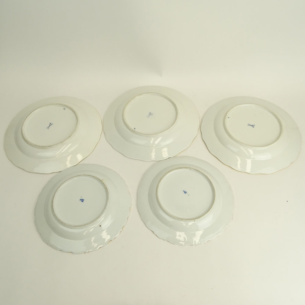 Collection of Five (5) Antique Meissen Porcelain Plates. Includes a pair with gold decorated rims.