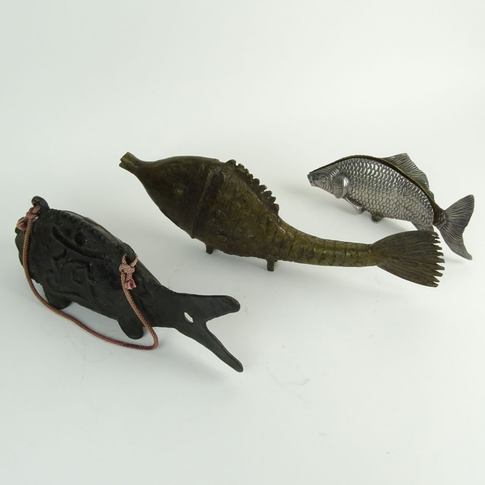 Three Mid Century Fish Figures Including Two Iron and One Silverplate. Carp signed Japan. Smallest signed silver plate.