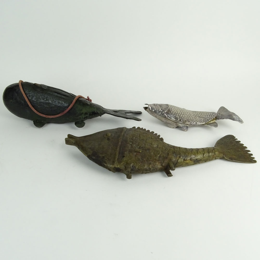 Three Mid Century Fish Figures Including Two Iron and One Silverplate. Carp signed Japan. Smallest signed silver plate.