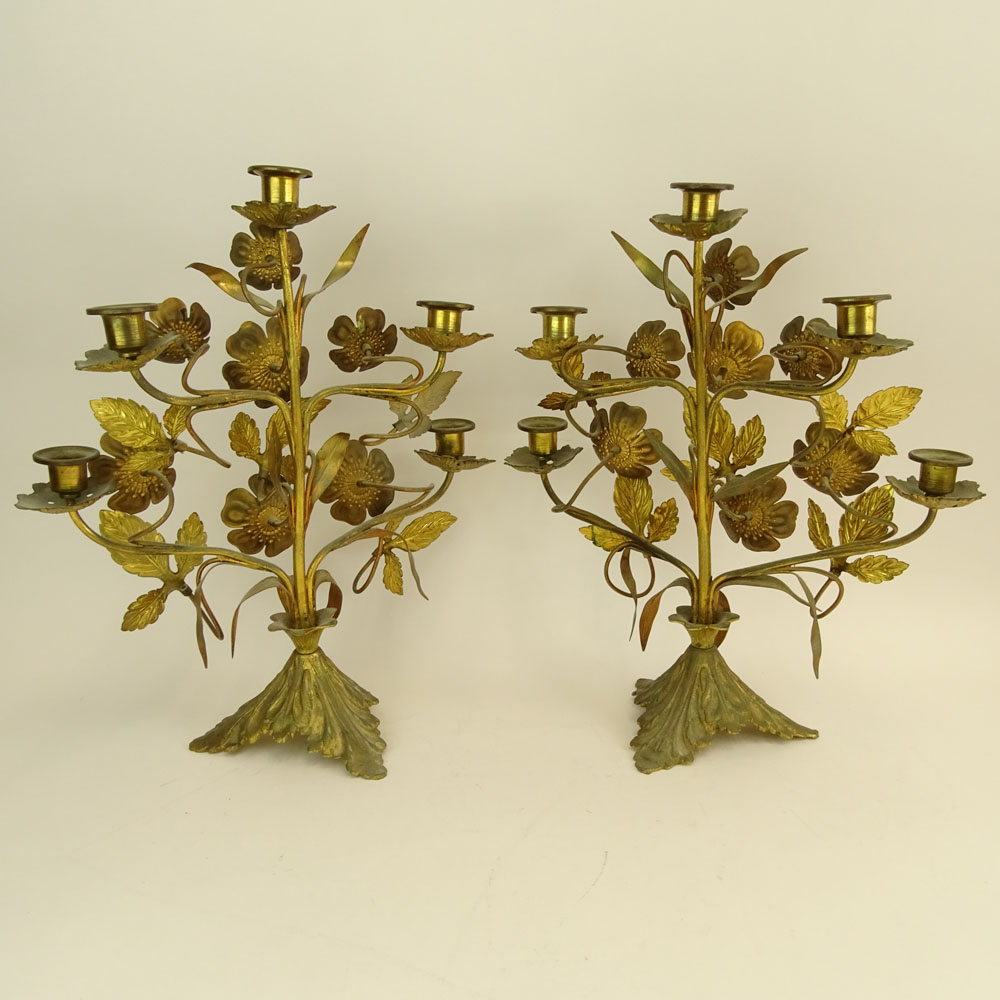 Pair of Antique French Jeweled Bronze/Brass Candelabra. Each with 5 lights and a floral motif.