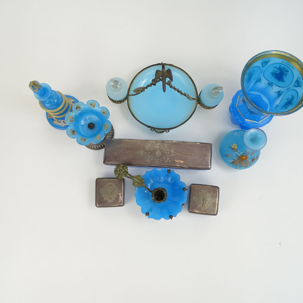 Collection of Nine (9) 19/20th Century Blue Opaline Glass.