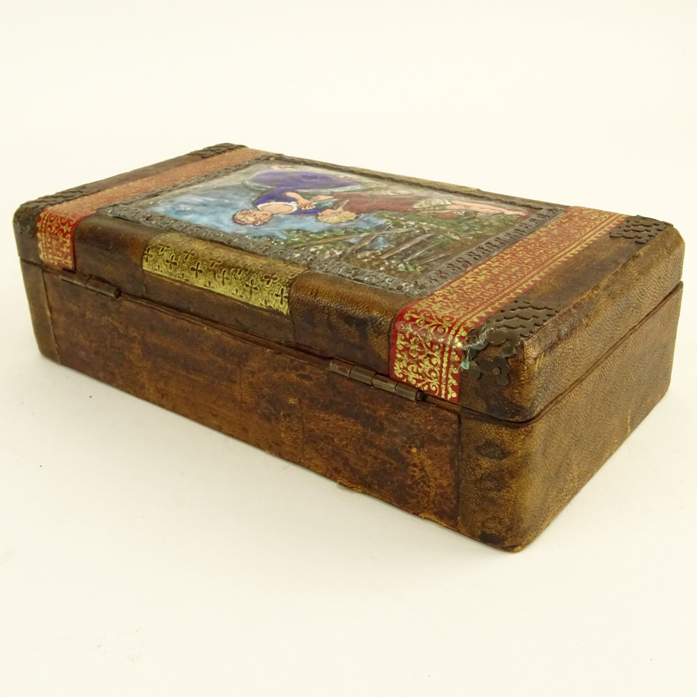 Antique Continental Enamel Plaque Mounted on Leather Covered Wood Box.