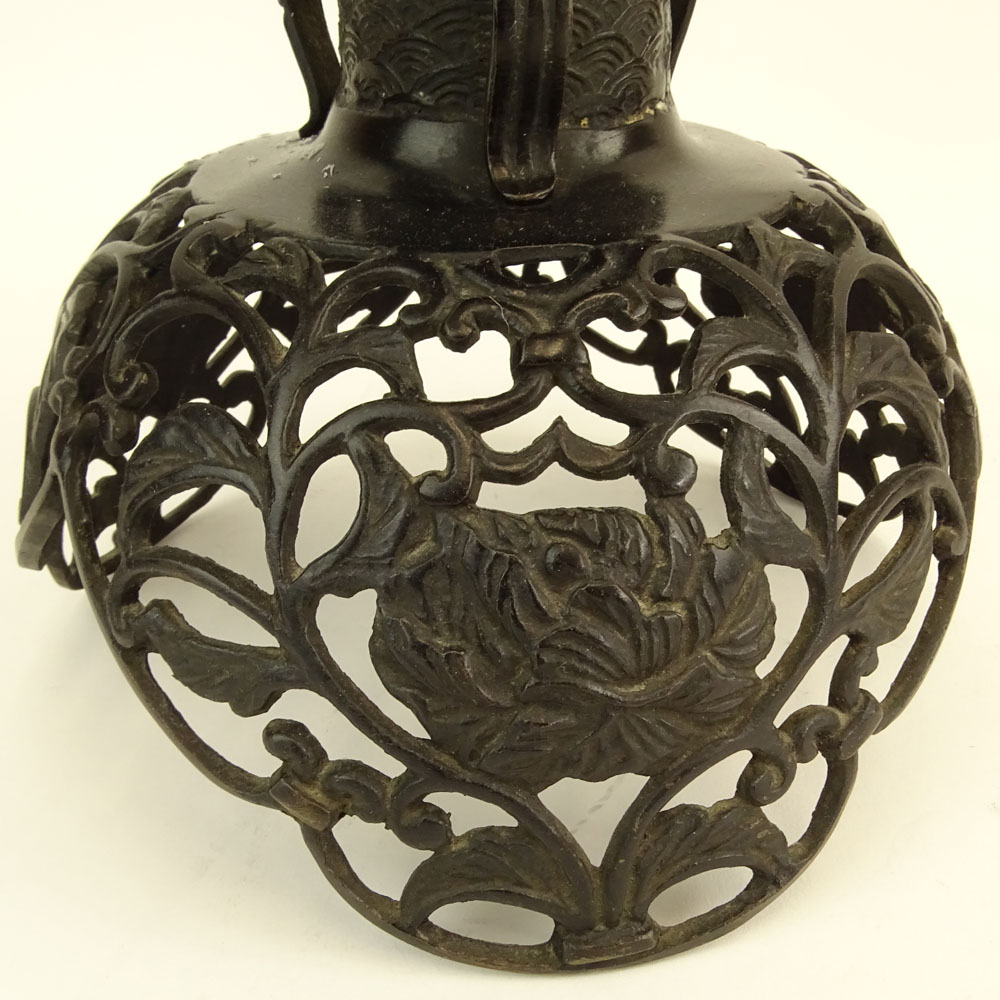 Japanese Style Patinated Metal Open Work Candle Holder.