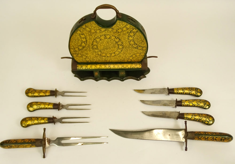 Two sets Vintage Indian Hand Painted Wood Cutlery Sets in Holder.