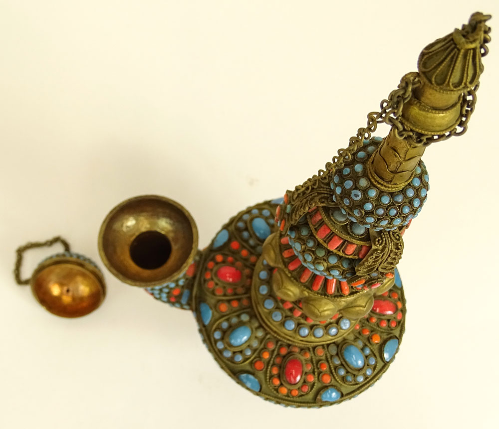 Vintage Indian Nepal Turquoise Coral and Brass Ceremonial Oil Lamp.