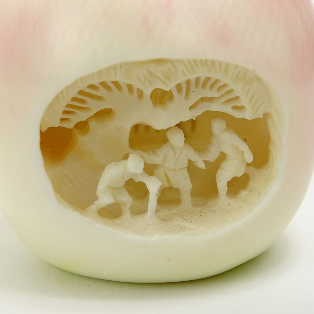 Vintage Chinese Miniature Carved Ivory Apple With Three Figures Under a Tree.