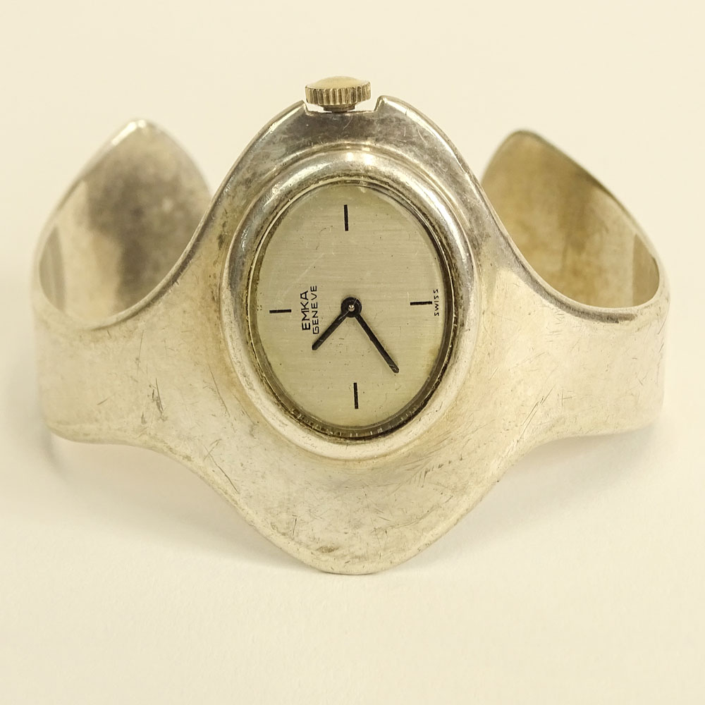 Mid Century Modern EMKA Geneve 800 Silver Cuff Bracelet Watch with Manual Movement. Signed EZP 800 to back of case.