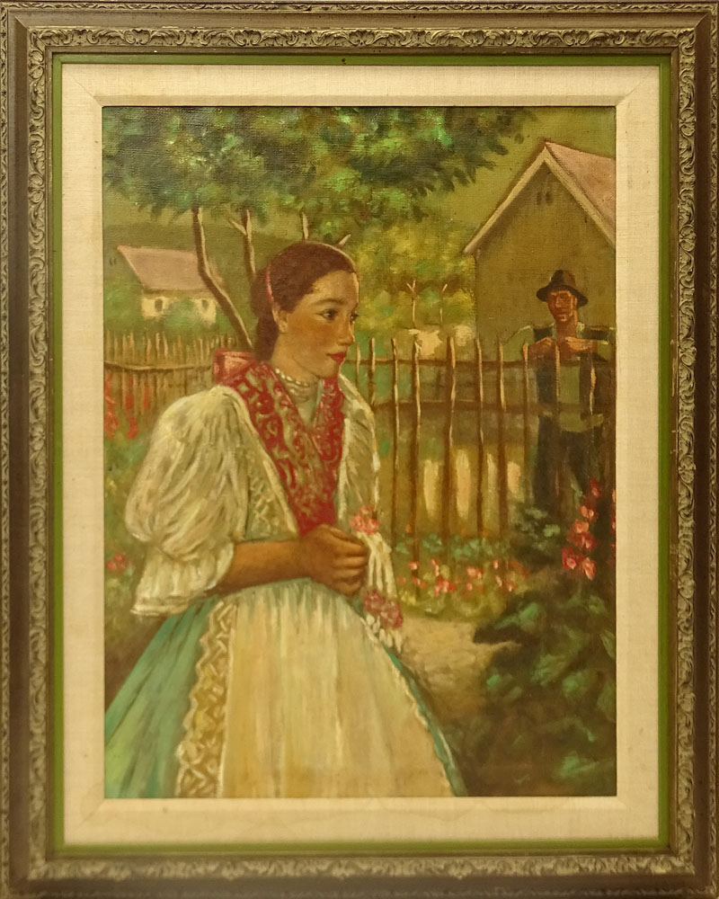 20th Century Possibly Hungarian Oil on Canvas, Peasant Girl. 