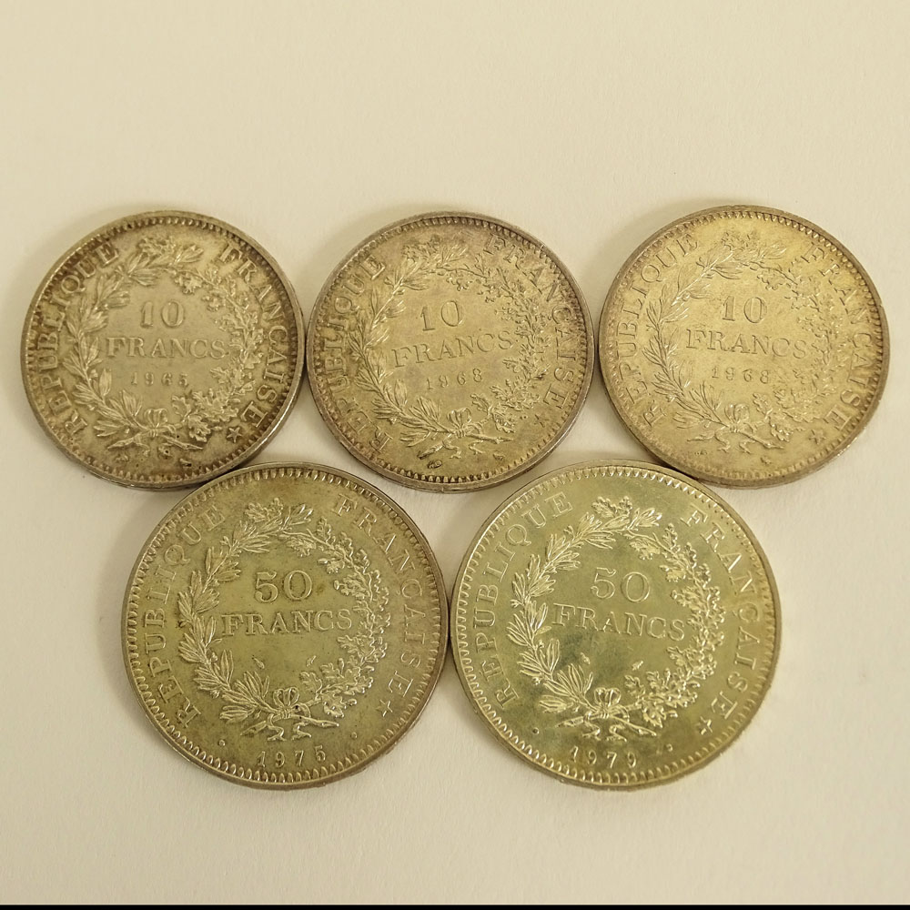Five (5) French Silver Coins Including: 1979 50 Francs; 1975 50 Francs; 1968 10 Francs; 1968 10 Francs and 1965 10 Francs.