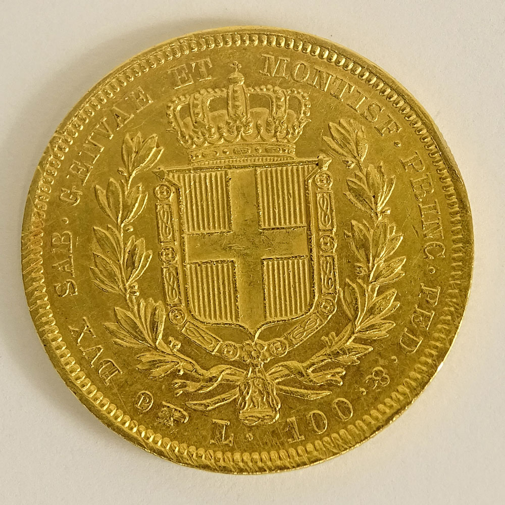 1834 Sardinian 100 Lire Gold Coin "CAR. ALBERTVS D. G. REX SARD. CYP. ET HIER". 