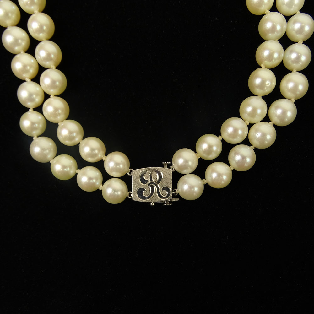 Vintage Double Strand White Pearl Necklace with 14 Karat White Gold Clasp.