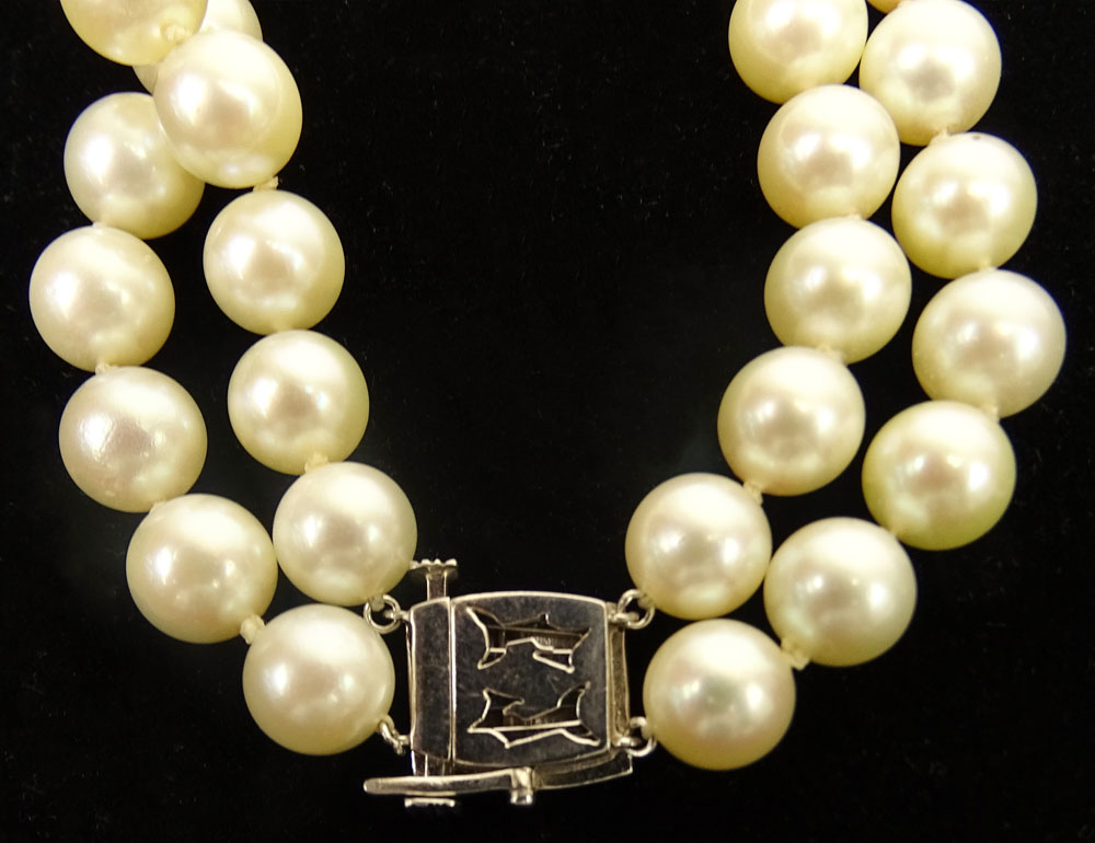 Vintage Double Strand White Pearl Necklace with 14 Karat White Gold Clasp.