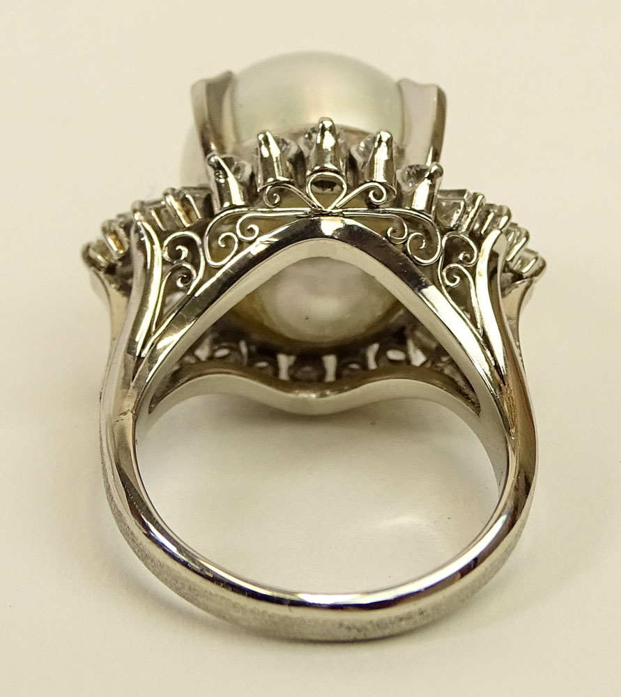 Lady's South Sea Pearl, Approx. 1.25 Carat Diamond and Platinum Ring. 