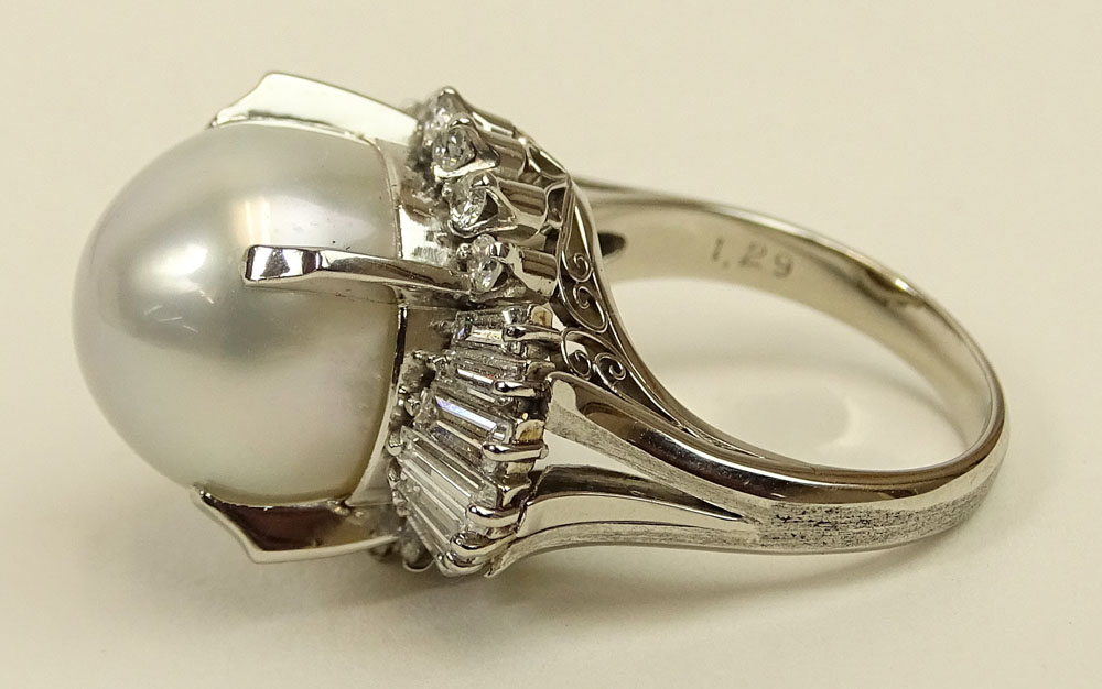 Lady's South Sea Pearl, Approx. 1.25 Carat Diamond and Platinum Ring. 
