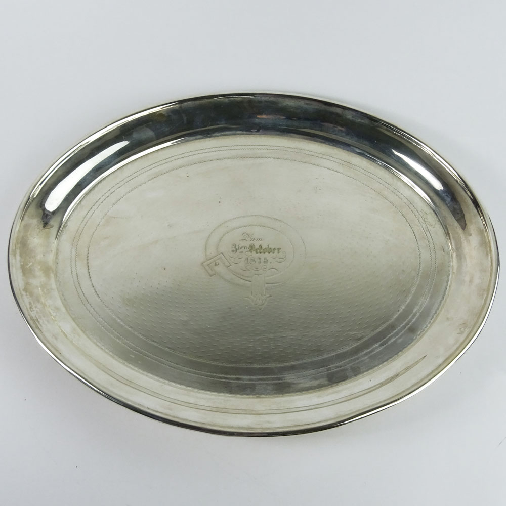 19th Century German Silver Oval Tray. Inscribed with date 1875.