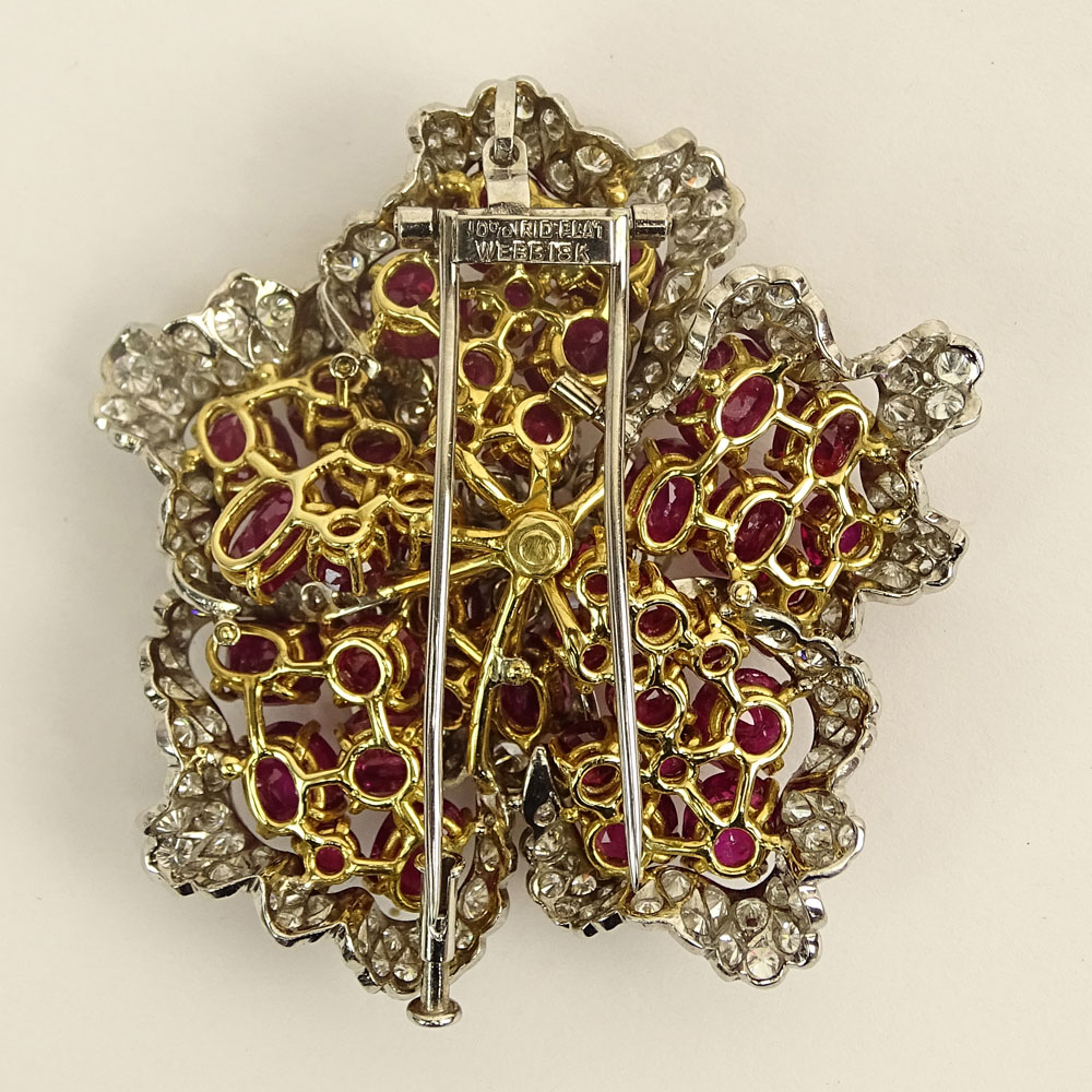 Vintage David Webb Diamond, Ruby, Platinum and 18 Karat Yellow Gold Flower Brooch set 