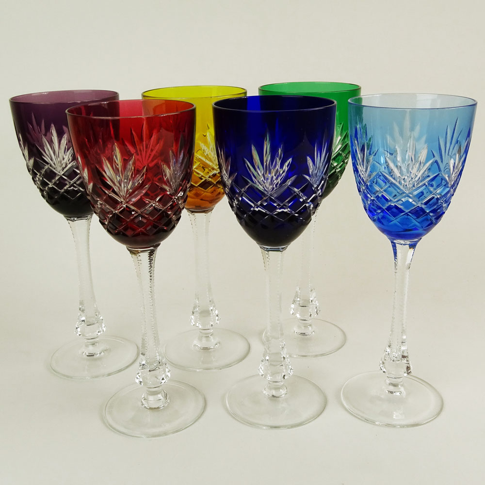 Set of Six (6) Faberge Crystal Odessa Colored Hock Wine Glasses in the original box with COA.