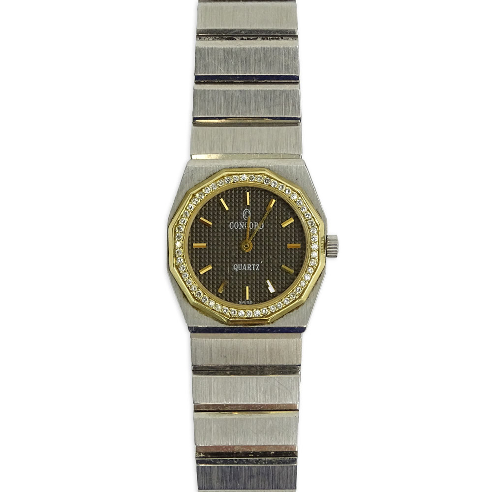 Lady's Vintage Concord Mariner Stainless Steel and Gold Plate Bracelet Watch with Diamond Bezel and Quartz Movement.