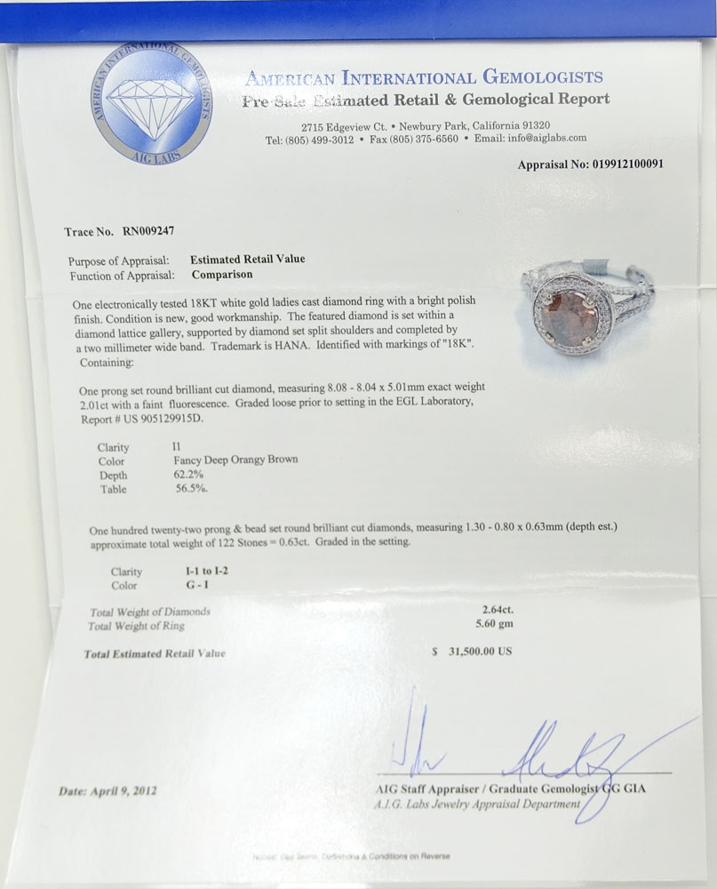 AIG Certified 2.64 Carat Diamond and 18 Karat White Gold Ring