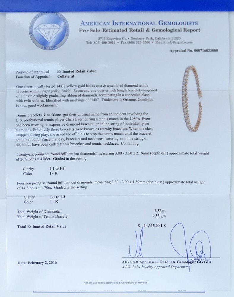 AIG Certified 6.56 Carat Round Brilliant Cut Diamond and 14 Karat Yellow Gold Tennis Bracelet.