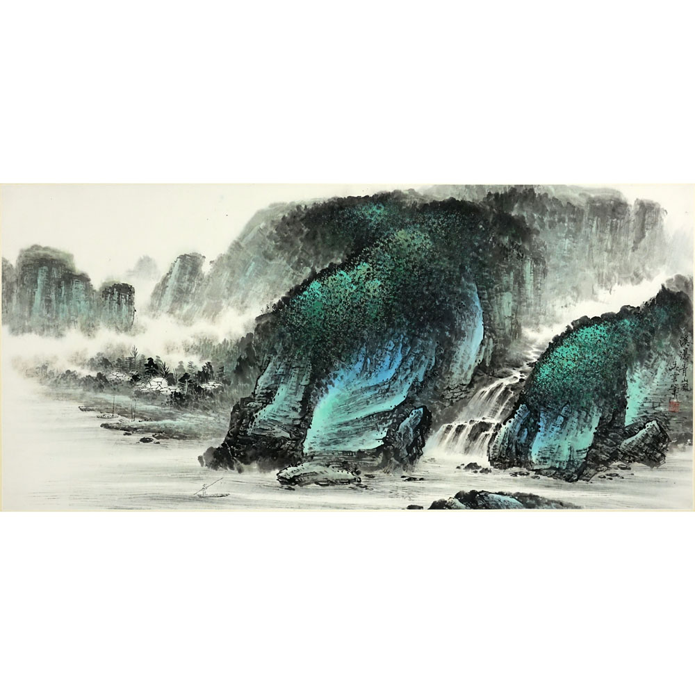 20th Century Chinese Watercolor on Paper. Mountain Landscape with Fisherman.