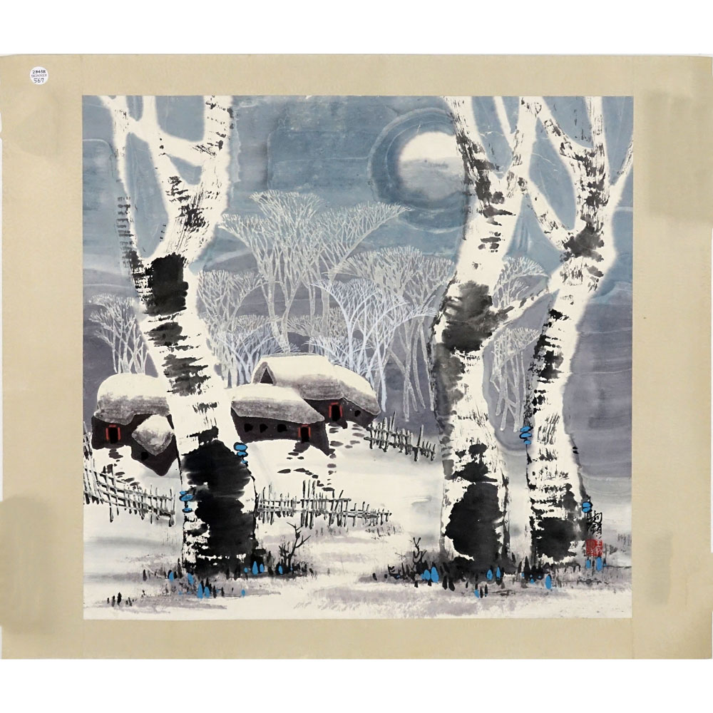 20th Century Chinese Gouache on Paper. "Winter Village"  