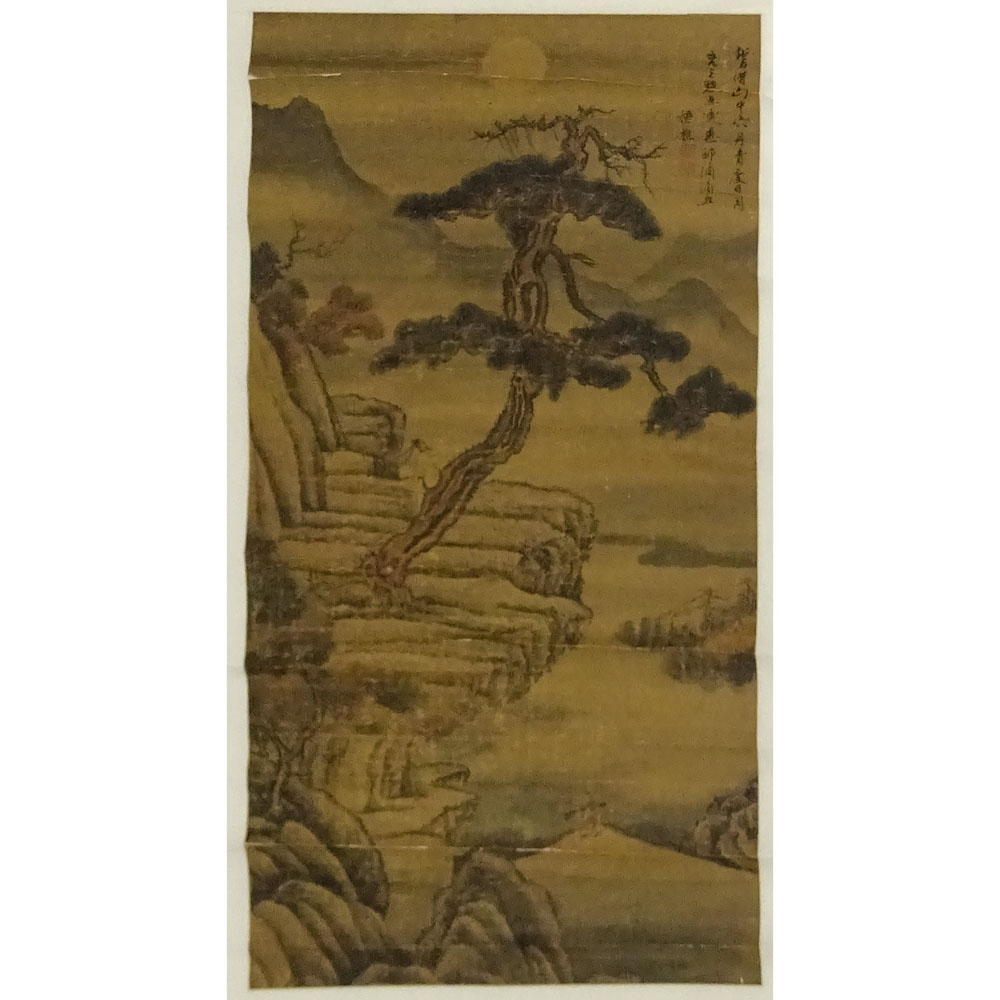 Antique Chinese Hand Painted Scroll on Paper. Landscape With Figure" 