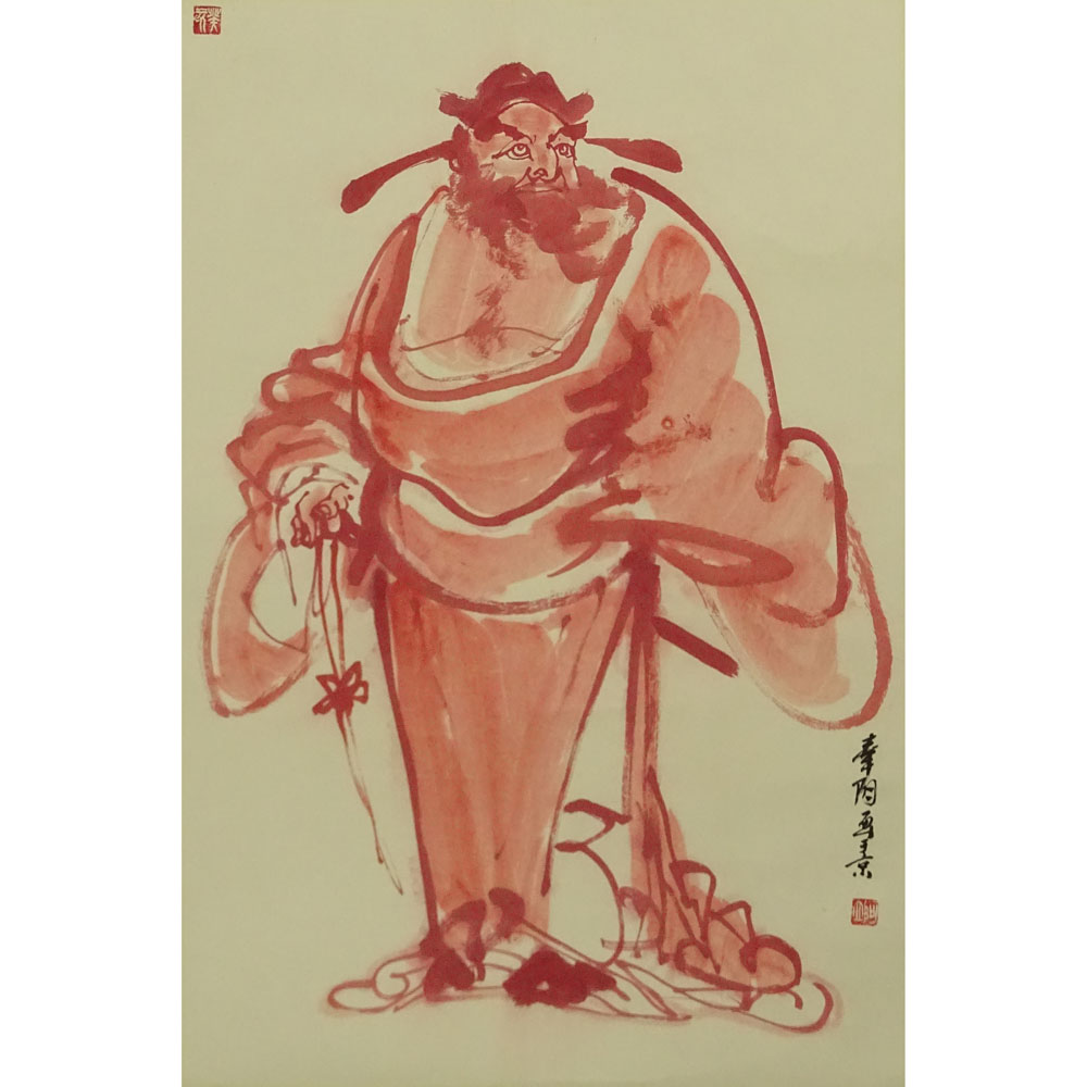 20th Century Chinese Watercolor on Paper. "Red Warrior Figure"  