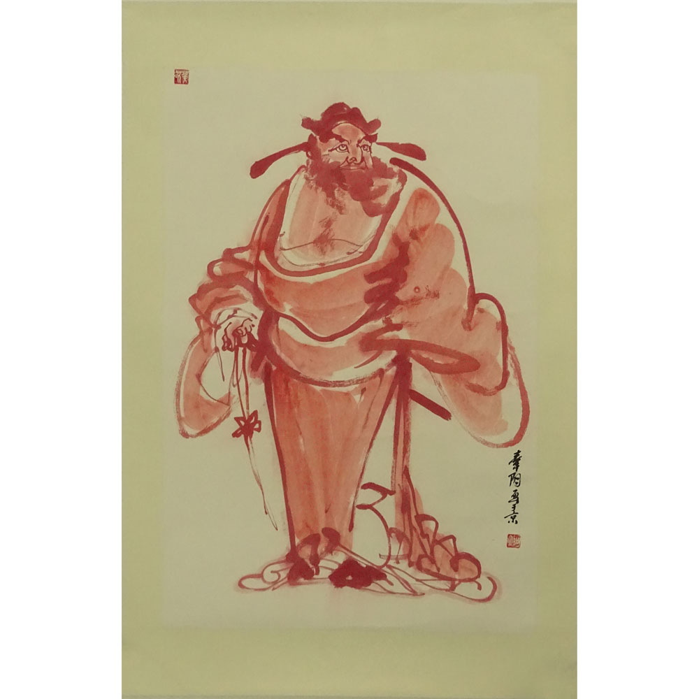 20th Century Chinese Watercolor on Paper. "Red Warrior Figure"  