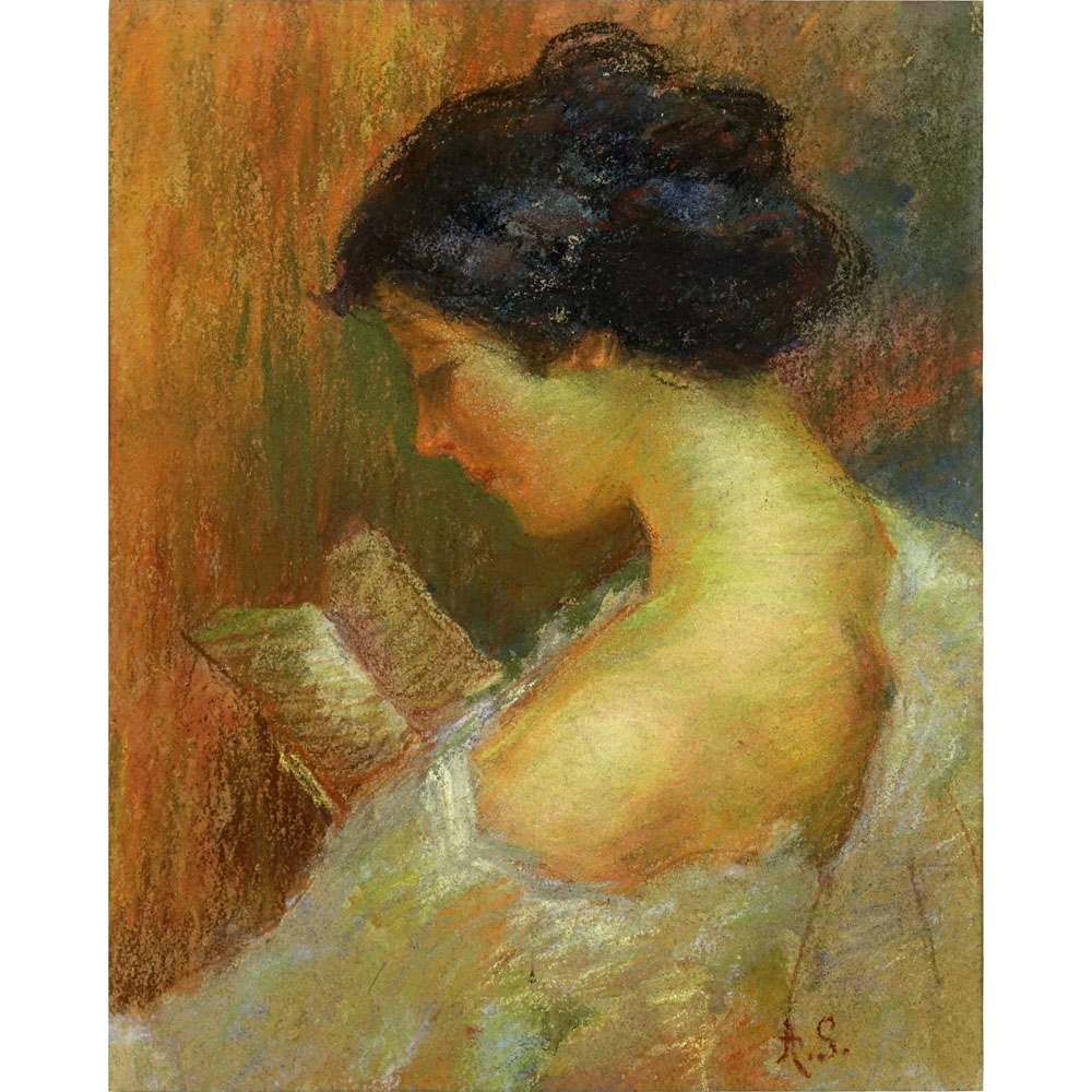 Attributed to: Attilio Simonetti, Italian (1843-1925) Pastel on paper "Portrait Of A Woman Reading". 