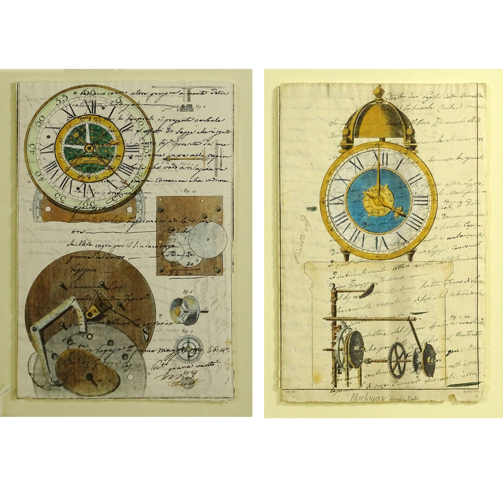 Two (2) 19th Century Manuscripts Hand Decorated with Later Watercolor "Clock Works". 