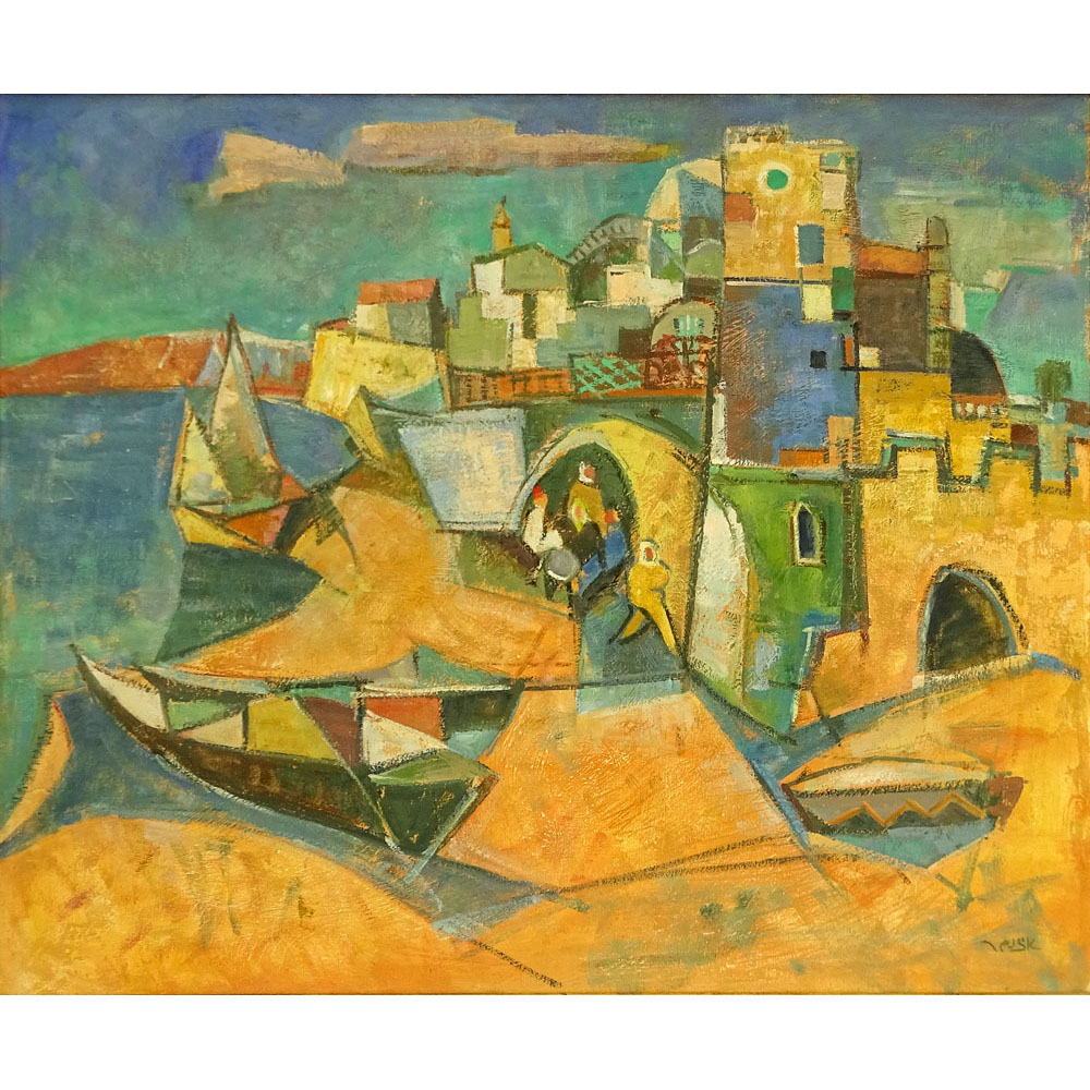 Modern Israeli Oil on Canvas "Port City" 