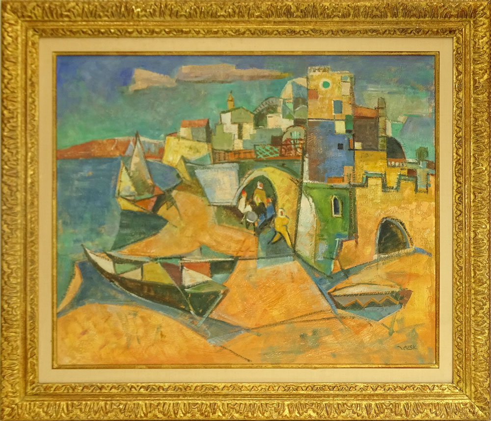 Modern Israeli Oil on Canvas "Port City" 