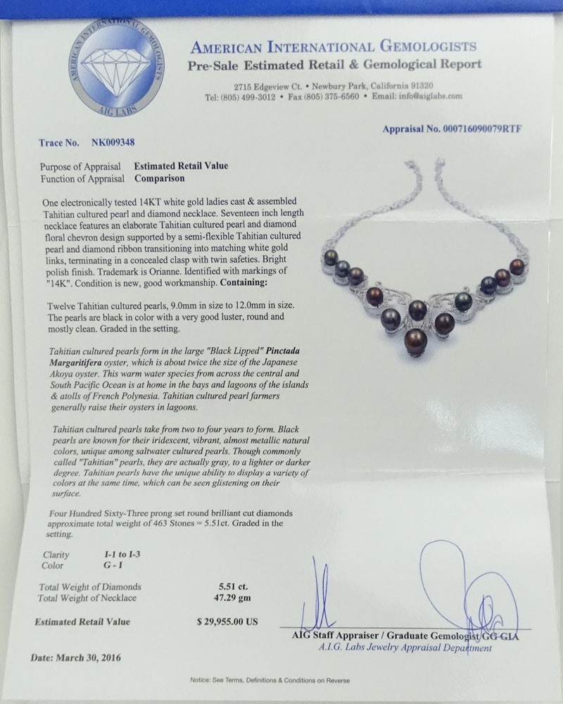 AIG Certified Tahitian Black Pearl, 5.51 Carat Round Brilliant Cut Diamond and 14 Karat White Gold Necklace.
