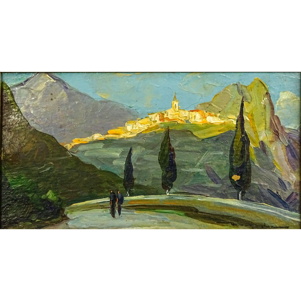 Elie Bernadac, French  (1913 - 1999) Oil on cardboard "Mountain Village" 