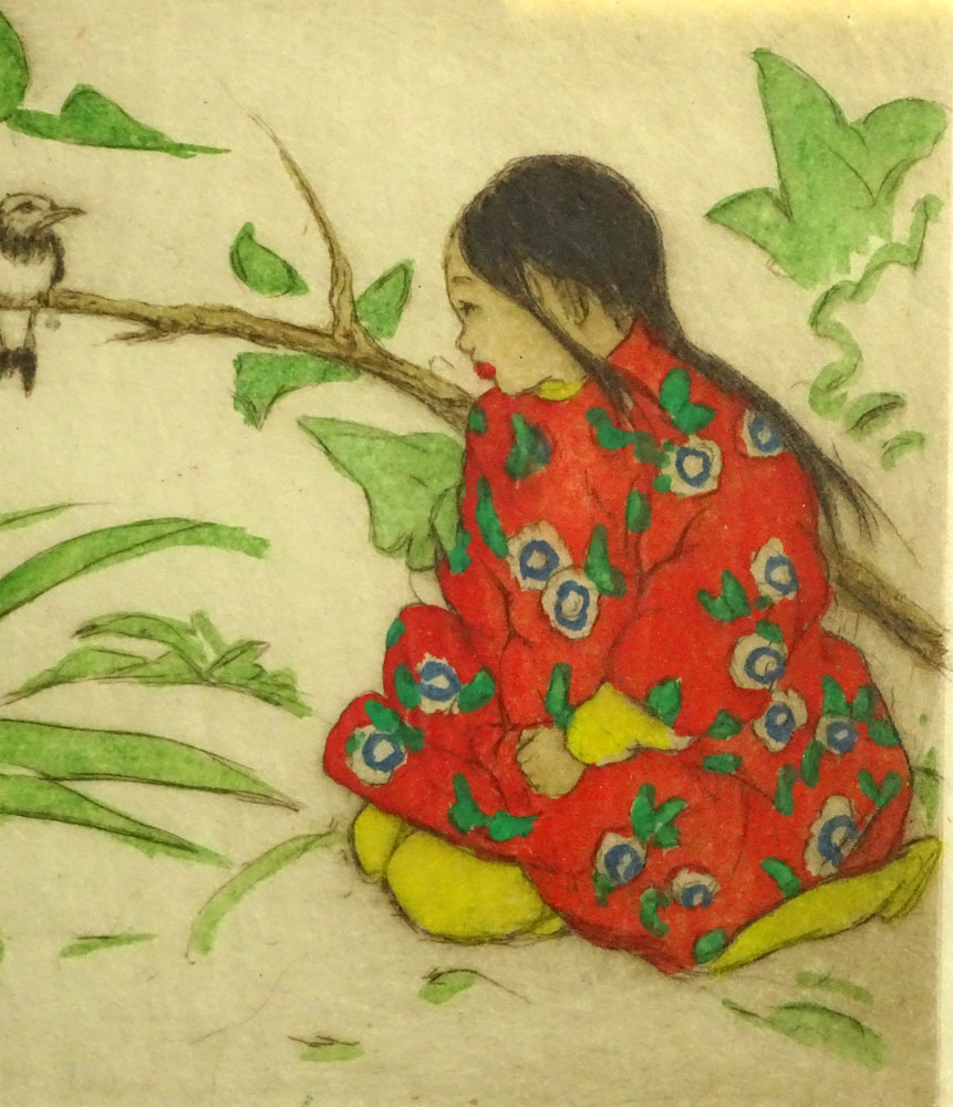 Elyse Ashe Lord, British (1900-1971) Etching with hand coloring "Young Chinese Girl With Birds"  