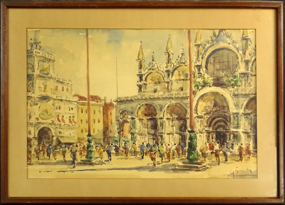 20th Century Italian Watercolor "Piazza". 