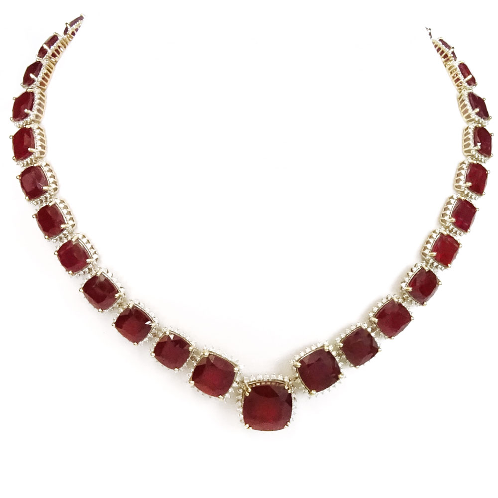 AIG Certified 166.95 Carat Square Cushion Cut Ruby, 5.01 Carat Round Brilliant Cut Diamond and 14 Karat Yellow Gold Necklace. 