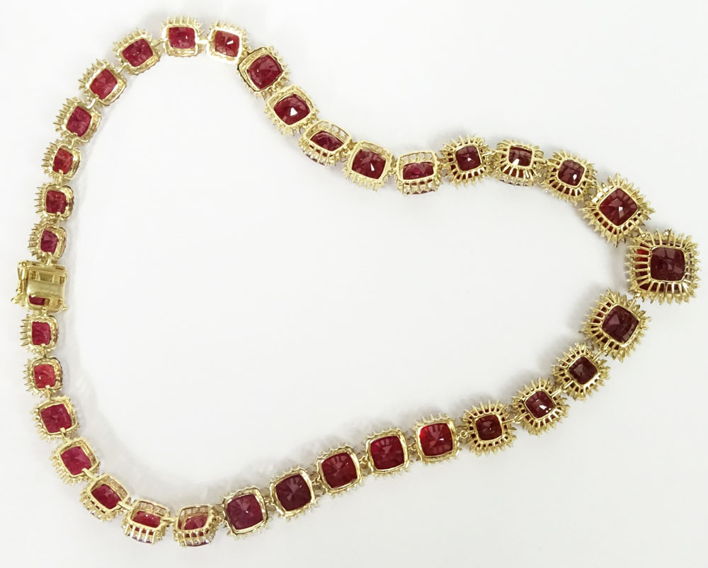 AIG Certified 166.95 Carat Square Cushion Cut Ruby, 5.01 Carat Round Brilliant Cut Diamond and 14 Karat Yellow Gold Necklace. 