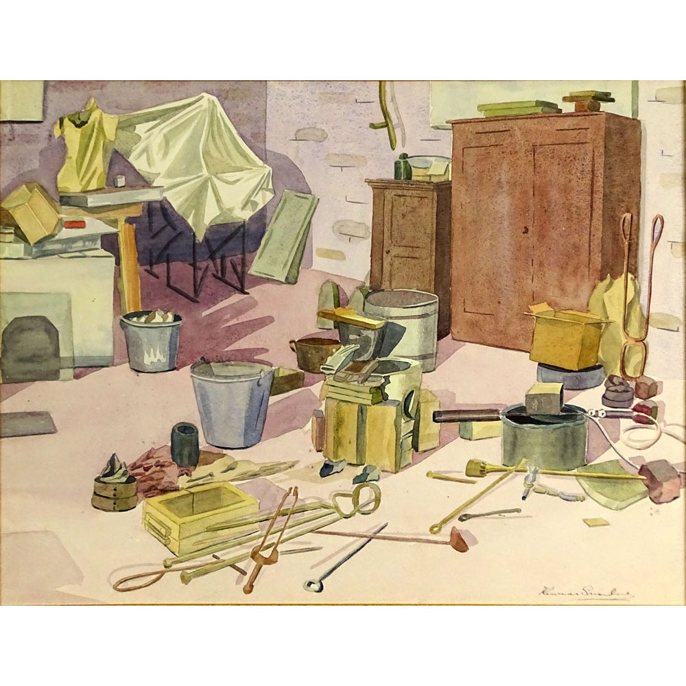 Vintage English Watercolor on Paper "Work Room"