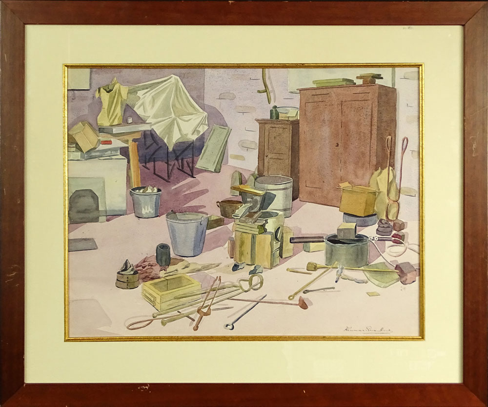 Vintage English Watercolor on Paper "Work Room"