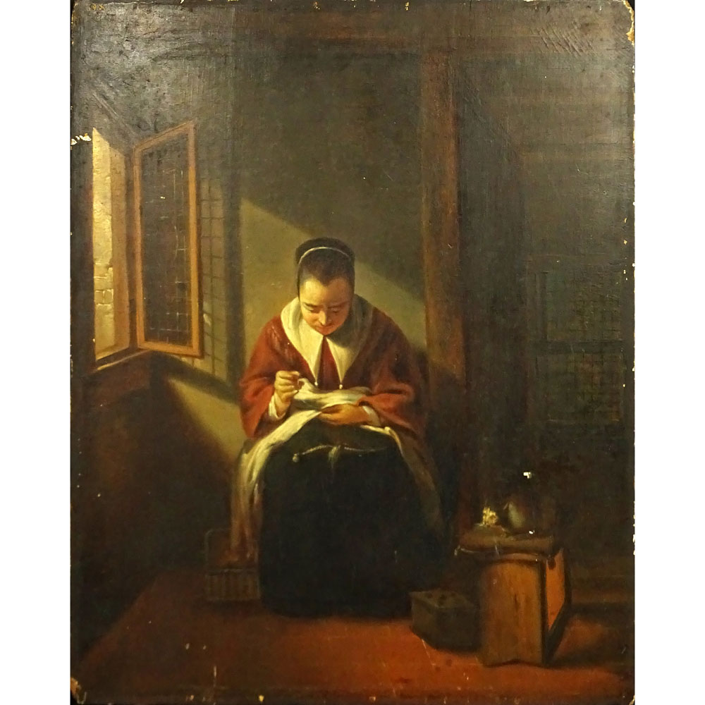 19th Century Oil on Cradled Panel Possibly Flemish "Mending"  