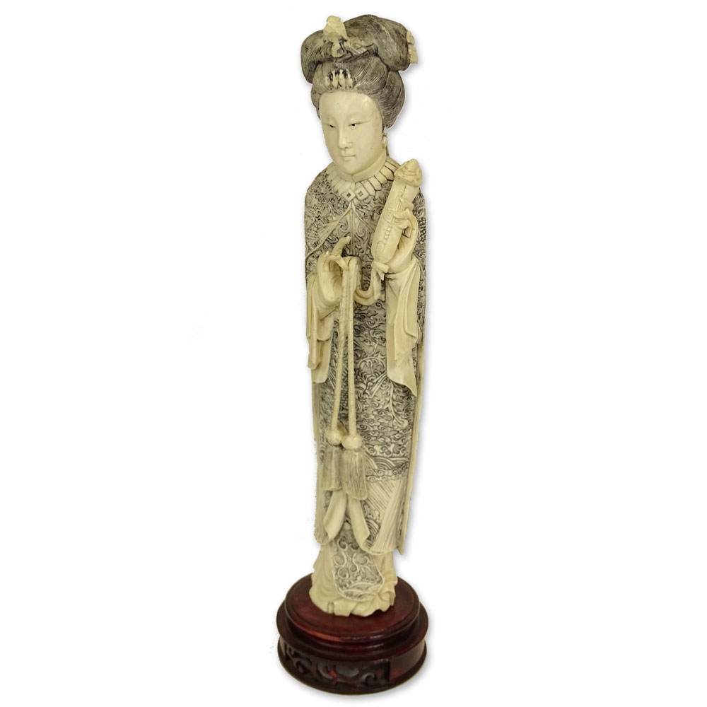 Antique Chinese Carved Ivory Empress Figure on Carved Wood Base, 